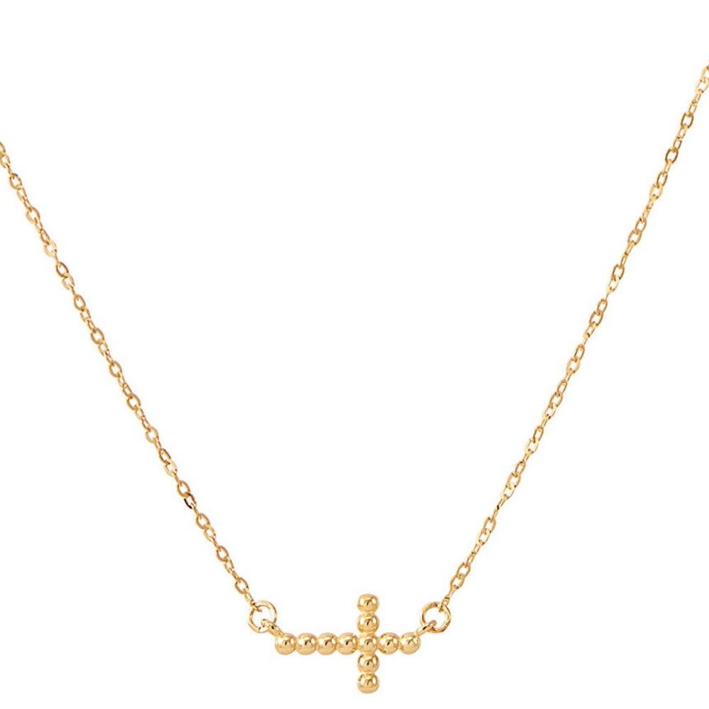 NWT 10k gold sideways beaded cross necklace 17”
